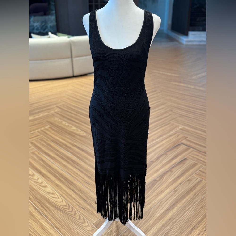 Roberto Cavalli Black Midi Dress with Fringe